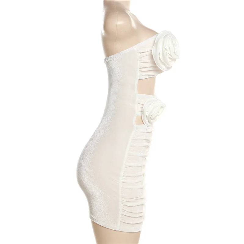 여성용 섹시한 스트랩리스 꽃 트림 컷 아웃 바디콘 미니 드레스, 민소매 주름 장식 스키니 선드레스, 2023 여름 해변 Y2K 의류