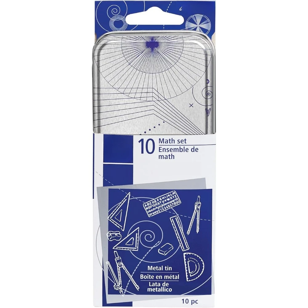 10-piece math set metal compass, 6-inch ruler and triangular square, 45° and 30/60° set square