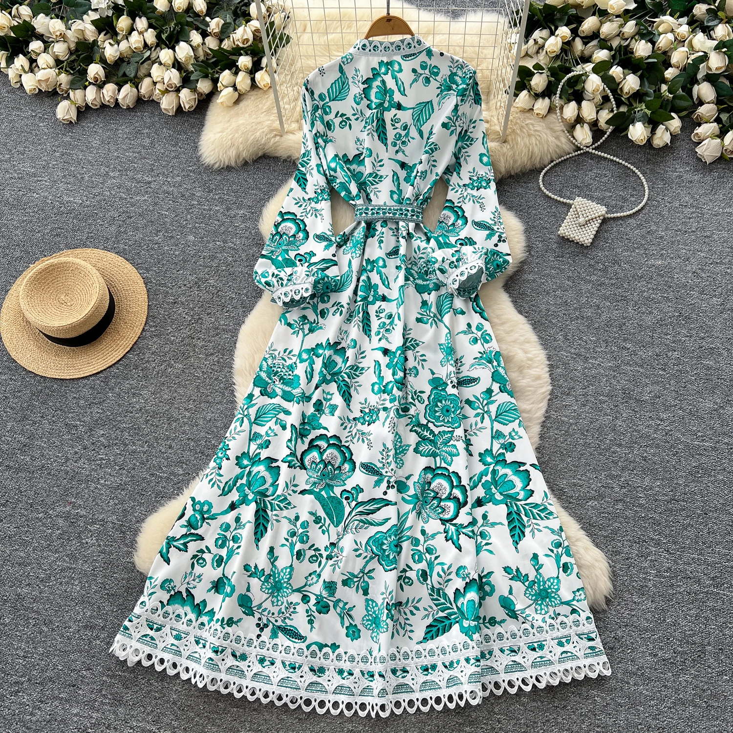 Chic vintage Sexy manica lunga stampa Criss-Cross split slim Elegante Fata moda coreana Boho Vestito estivo abbigliamento donna Abito lungo