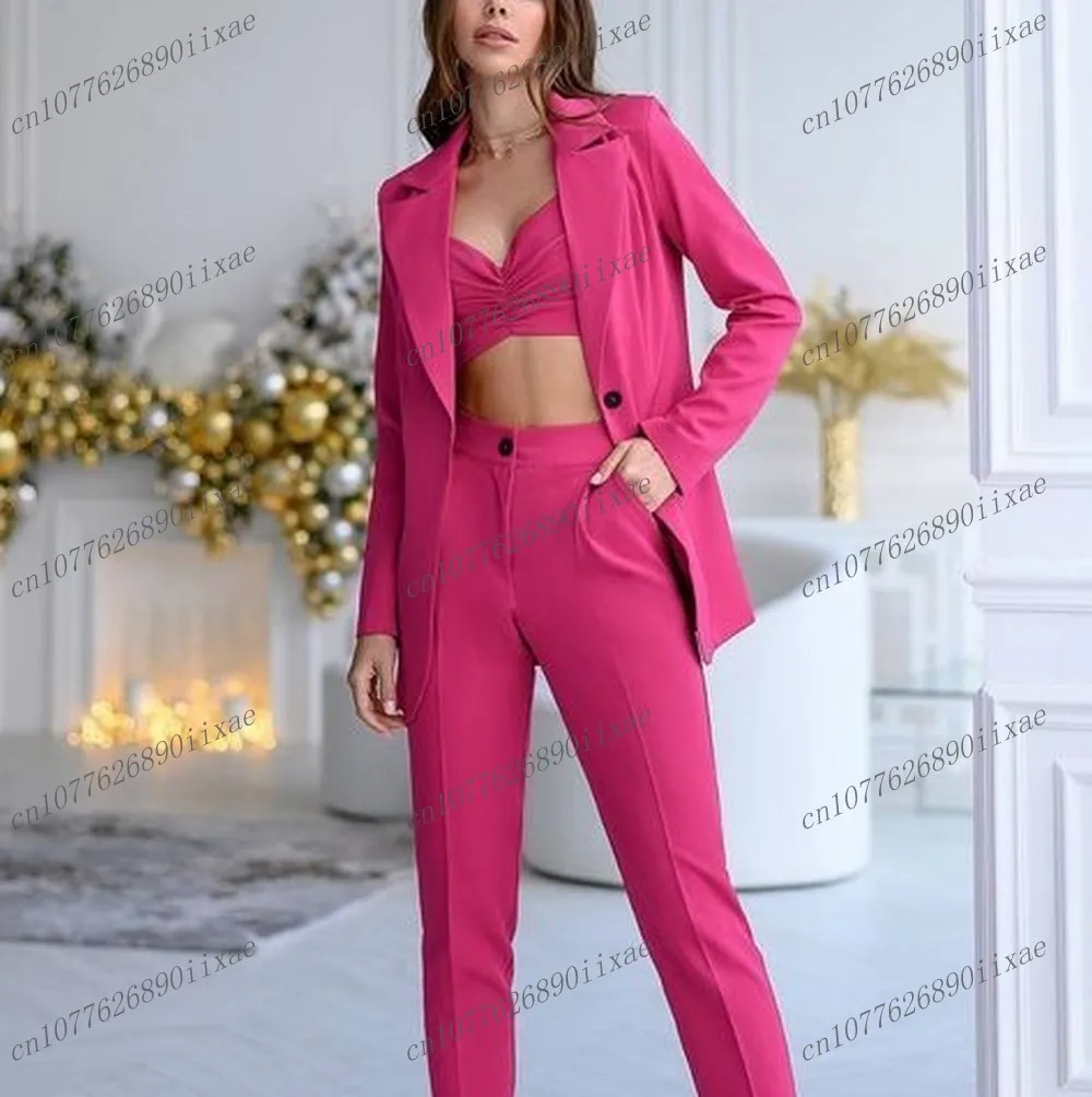 

New Dark Pink Formal Women Suit Lady Business Office Tuxedos Mother Wedding Party Ladies 2 Piece Set Blazer Pants Customized