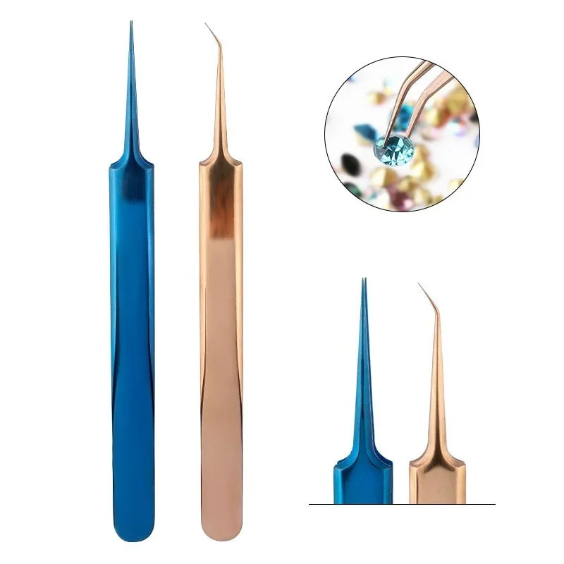 Tweezers Stainless Steel Gold Blue for eyelash extension high-precision eyelash extension tweezers Thin tip