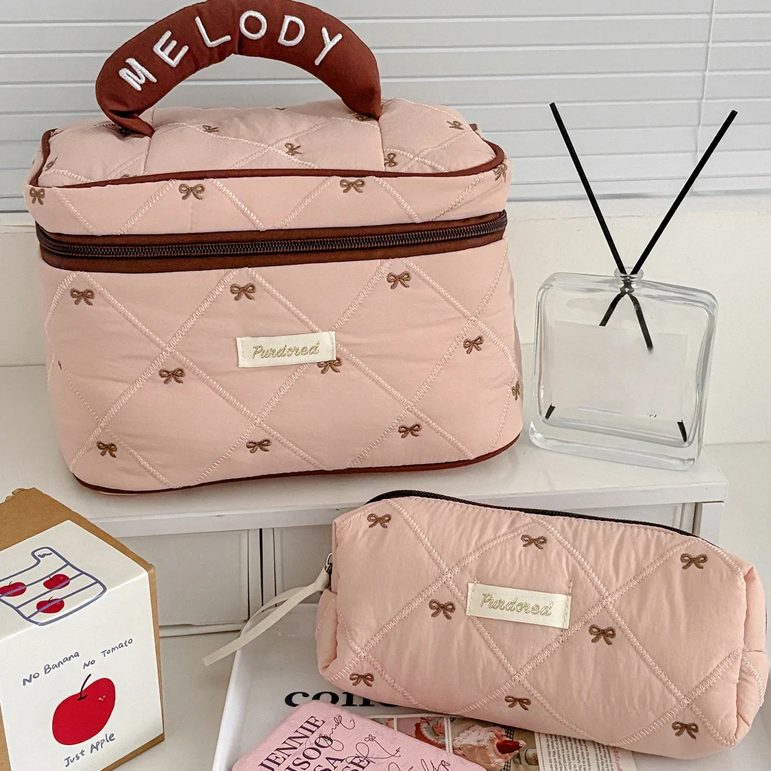 

Personality Dark Pink Women Bow Makeup Bag Large Capacity Cosmetic Storage Quilted Bag Travel Handbag Ladies Zipper Pouch Gift