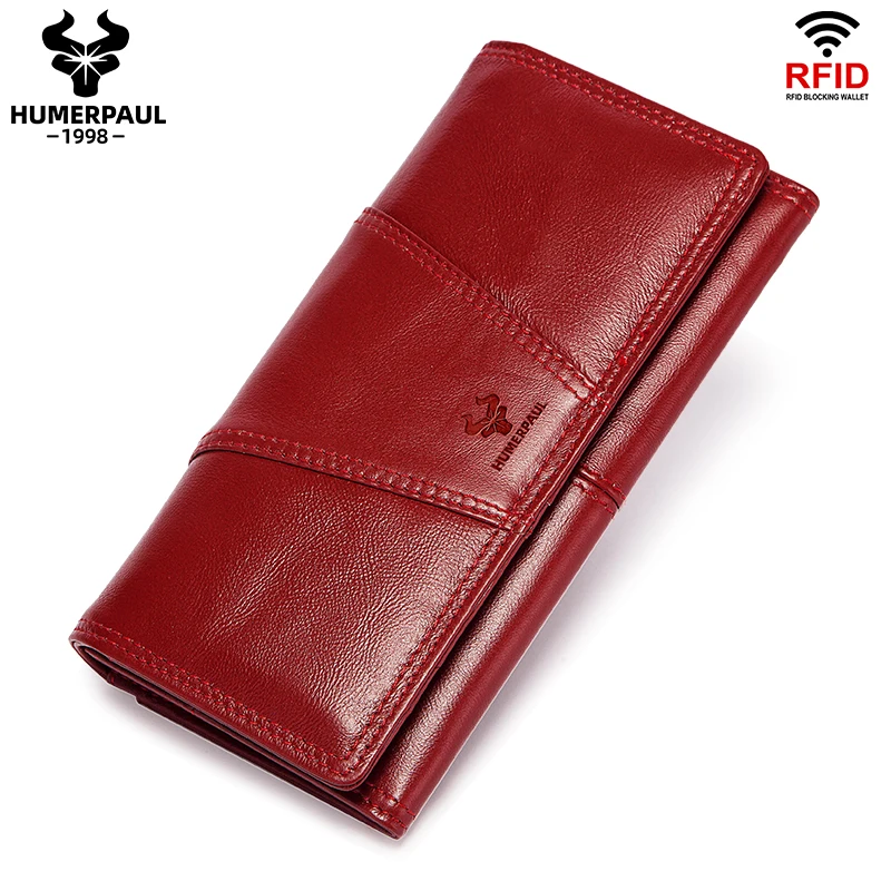 HUMERPAUL Women's Wallet Top Layer Leather Multi-card Clutch Cell Phone Money Bag Fashion Ladies Card Holder Cartera Mujer Red