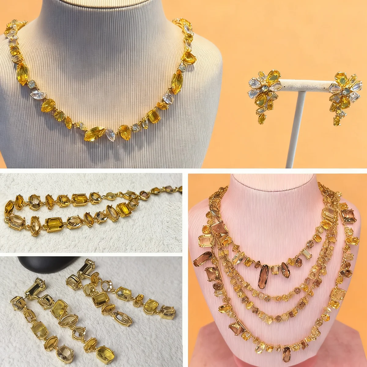 

New Candy Collection Yellow Mixed Crystal Necklace Jewelry Set for Women Luxury Stackable Long Earrings Bracelet Romantic Gift