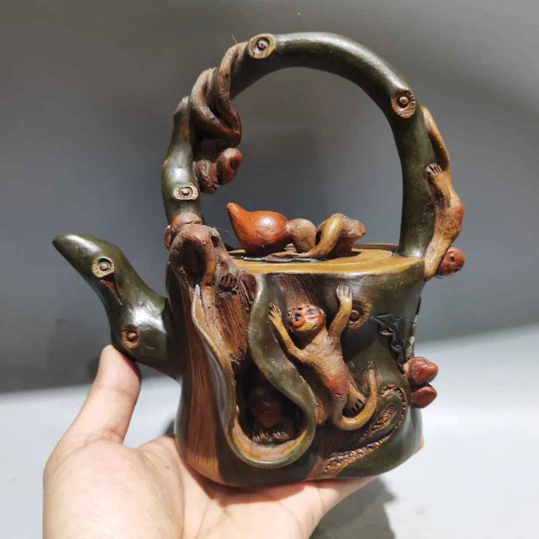 Old Chinese Handicraft Enameled YiXing Zisha (red stoneware) Teapot,raw ore yellow segment sand, with mark, Free shipping