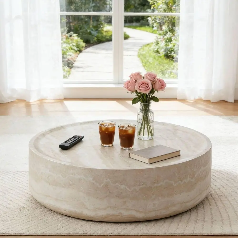 

Round aux Marble Coee Table, ern Drum Design, Circle ibergloee Table, End Table or Living Room, Aparent, No Assembly Required (3