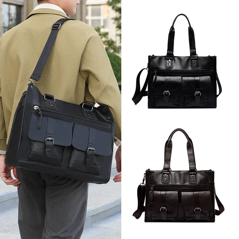 

Новая мужская сумка из искусственной кожи с несколькими карманами, простой однотонный портфель большой вместимости, водонепроницаемая сумка на одно плечо для деловых поездок