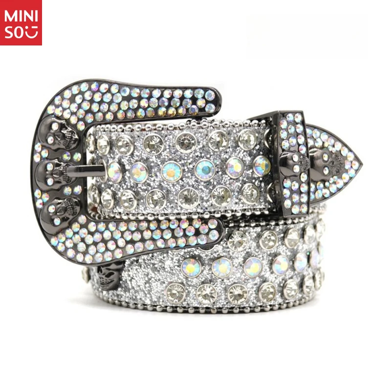 

Miniso Handmade Skull Rhinestone Belt, Unisex Punk Hip Hop Waistband, Crystal Studded