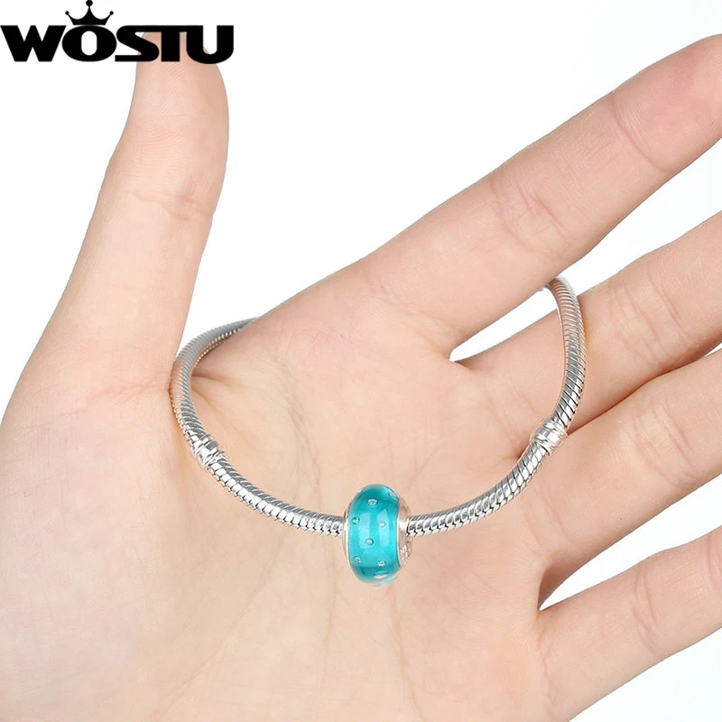 WOSTU Silver Plated Murano Glass Beads Crystal Flower Magical Round Charms Fit Original Bracelet Bangles DIY Jewelry Making 1Pcs