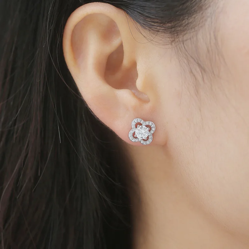 925 Sterling Silver Moissanite Stud Earrings with GRA Certificate  0.5 Carat  Each Similar Diamond Four Leaf Clover Birthday