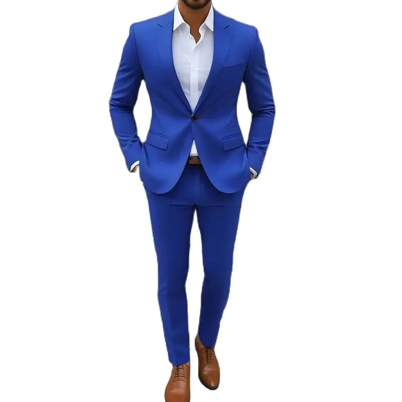 Slim Fit One Button Blue Men Suits Notch Lapel Regular Length Casual 2 Piece Jacket Pants Full Sets Prom Party Costume Homme