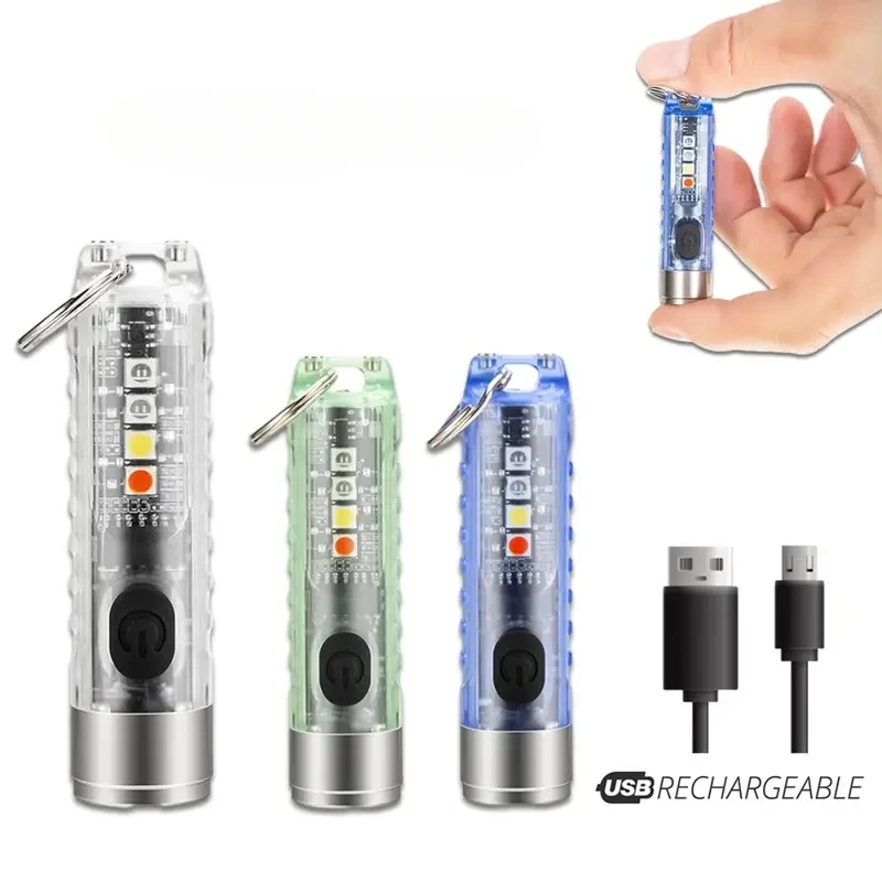 

Mini keychain light, portable LED flashlight, USB charging for fishing and camping, waterproof, red and blue warning lights
