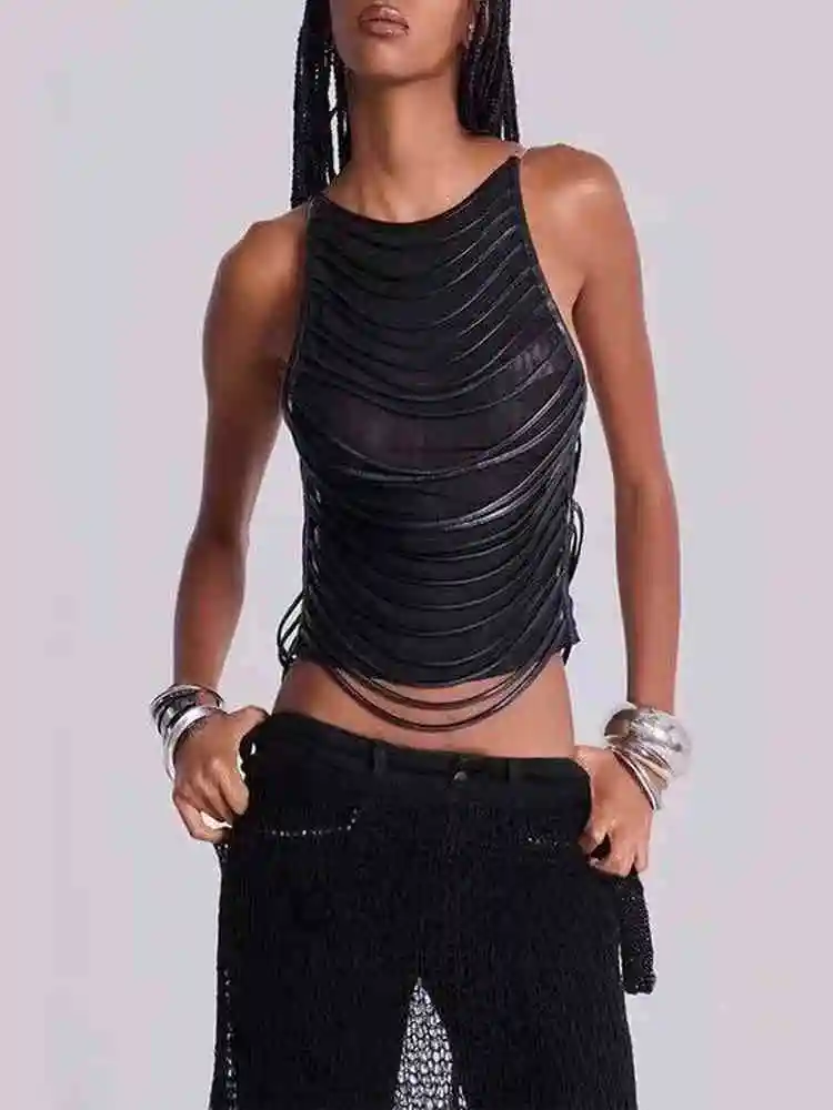 Sexy Millennium Punk Rock Leather Tassel Splice See-through Mesh Backless Strap Music Festival Top Street Style Short Length