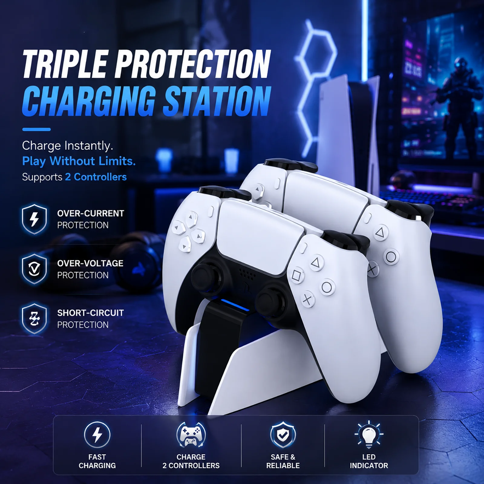 Estación de carga con controlador RGB para PS5, cargador rápido dual, indicador RGB, soporte de carga, estación de acoplamiento, componentes de juego