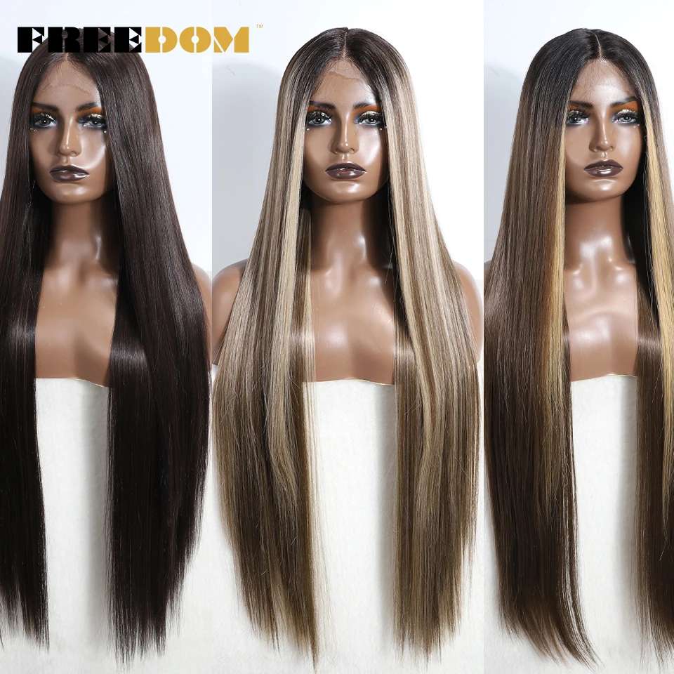 FREEDOM Long Straight Synthetic Lace Front Wigs For Women 36 Inch Ombre Red Blonde Brown Lace Wig Synthetic Cosplay Wig