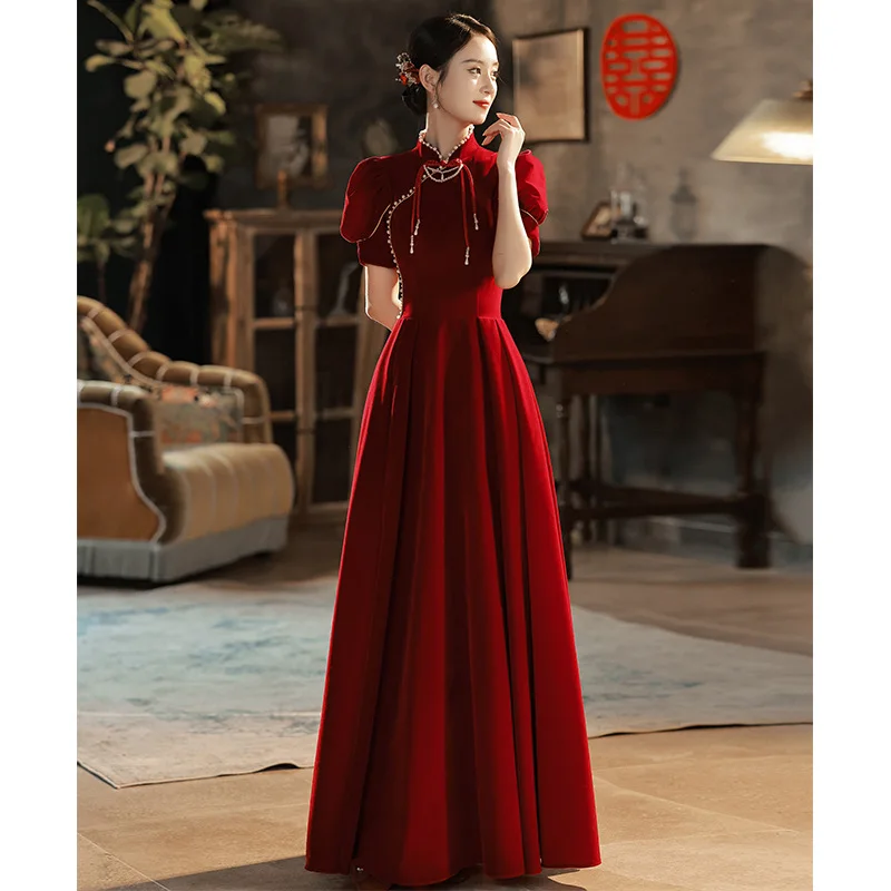 

New Chinese Style Red Velvet Qipao Engagement Wedding Bridal Dress Traditional Mandarin Collar Cheongsam Oversize 3XL Vestidos