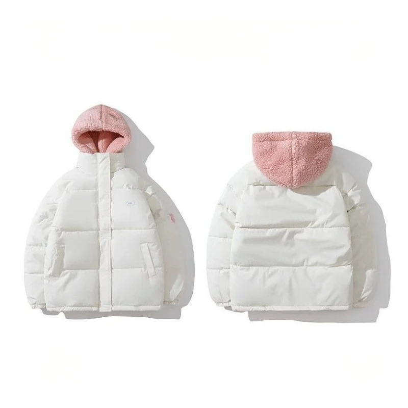 Ropa de pareja 2026, chaqueta acolchada con capucha de lana de cordero empalmada falsa de dos piezas, chaqueta cálida gruesa holgada, Parkas simples para ir al trabajo