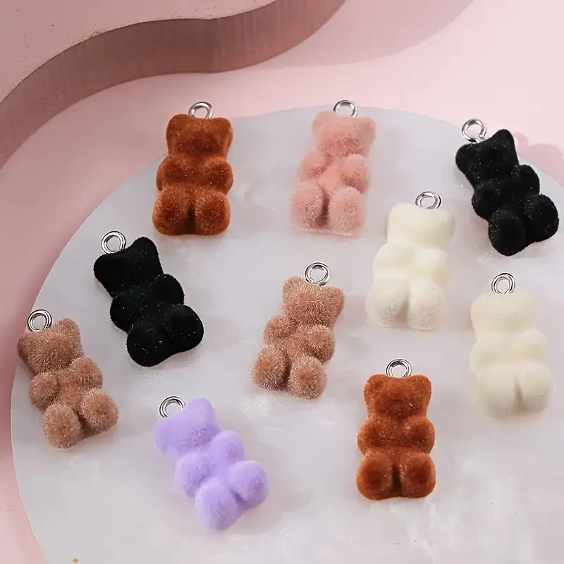 10pcs/lot Mixed Color Double-sided Flocked Plush Charms, Bear Resin Pendant, DIY Necklace Keychain For Jewelry Making Accessorie