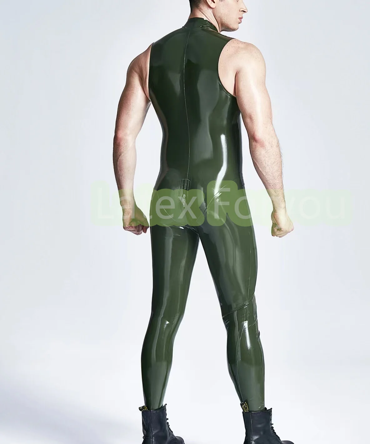 Traje de surf sin mangas de látex verde militar para hombre, mono de látex Gummi con diseño muscular, entrepierna 3D con cremallera de la parte delantera a la entrepierna, para cosplay y uso atlético