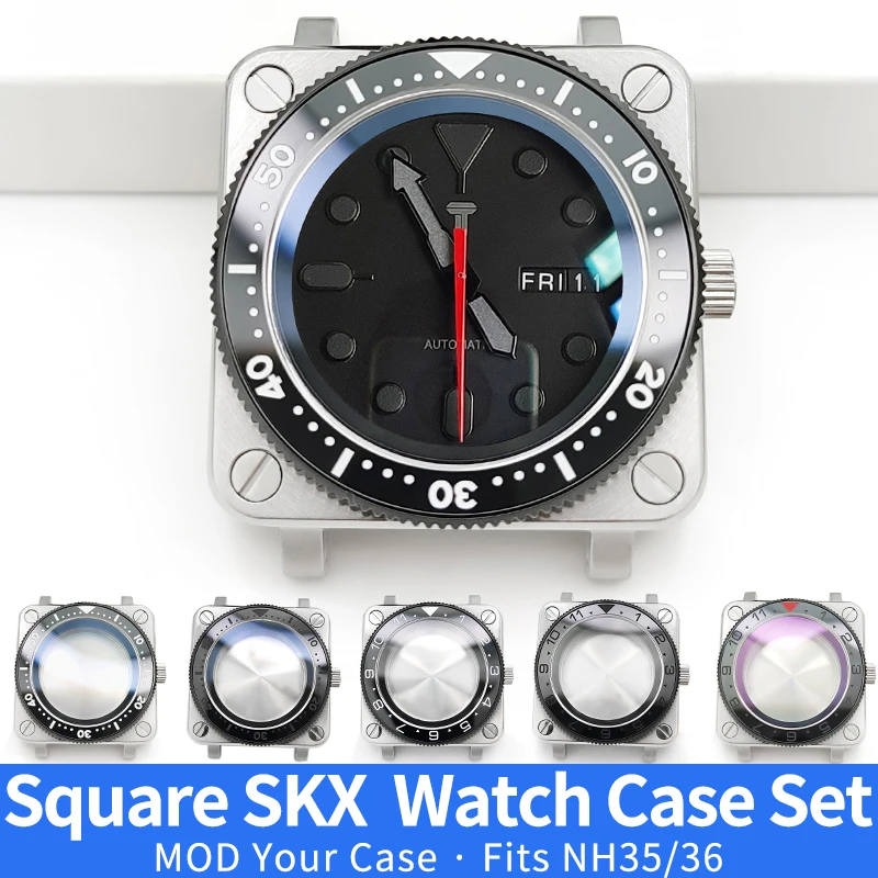 Square SKX Black/Silver Watch Case MOD NH35 NH36 4R36 Custom Stainless Steel Bezel Crown Shiny/Brushed Watches Cases Parts ﻿