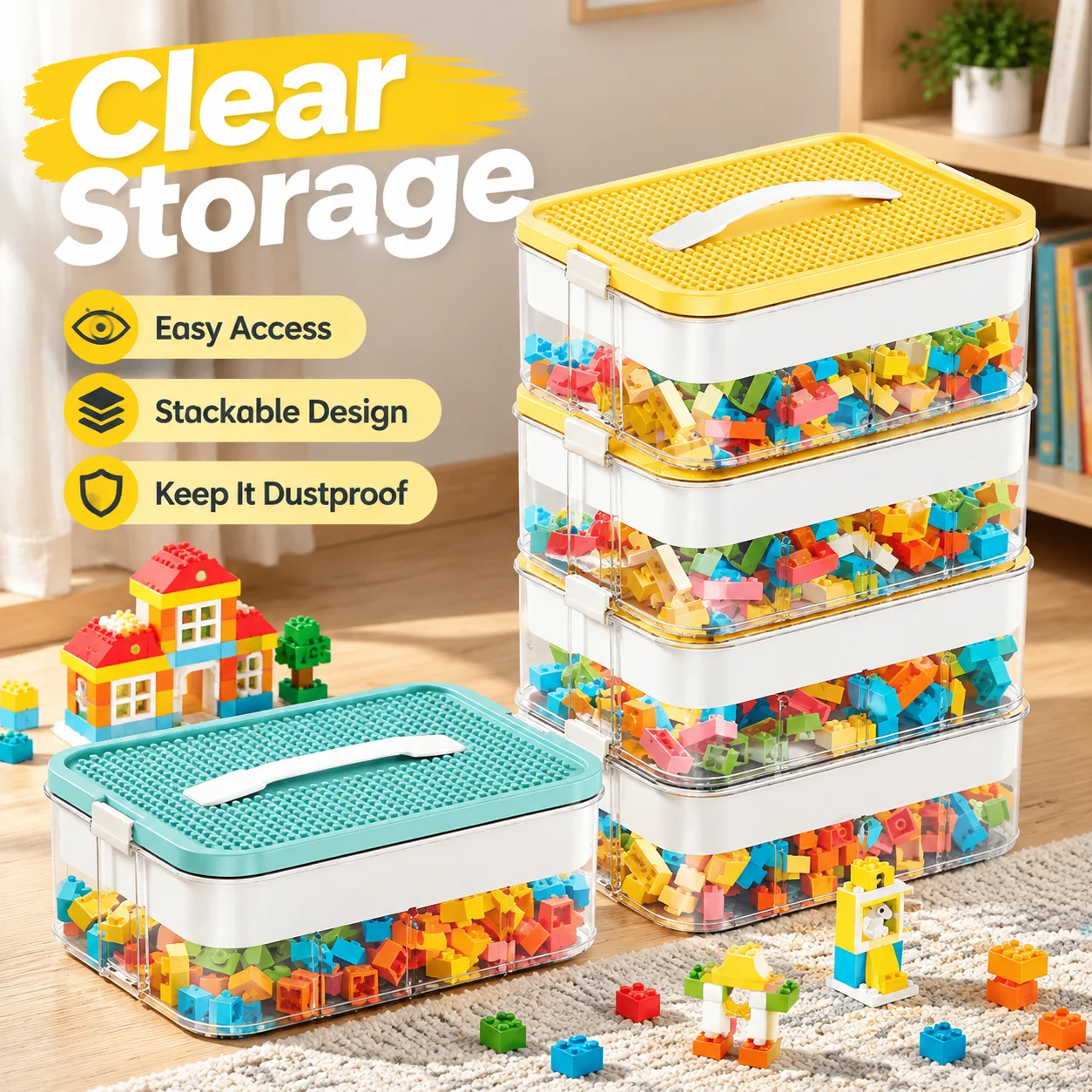 Clear Stackable Storage Box with Latch Lid, Dustproof Modular Plastic Organizer for Home & Office