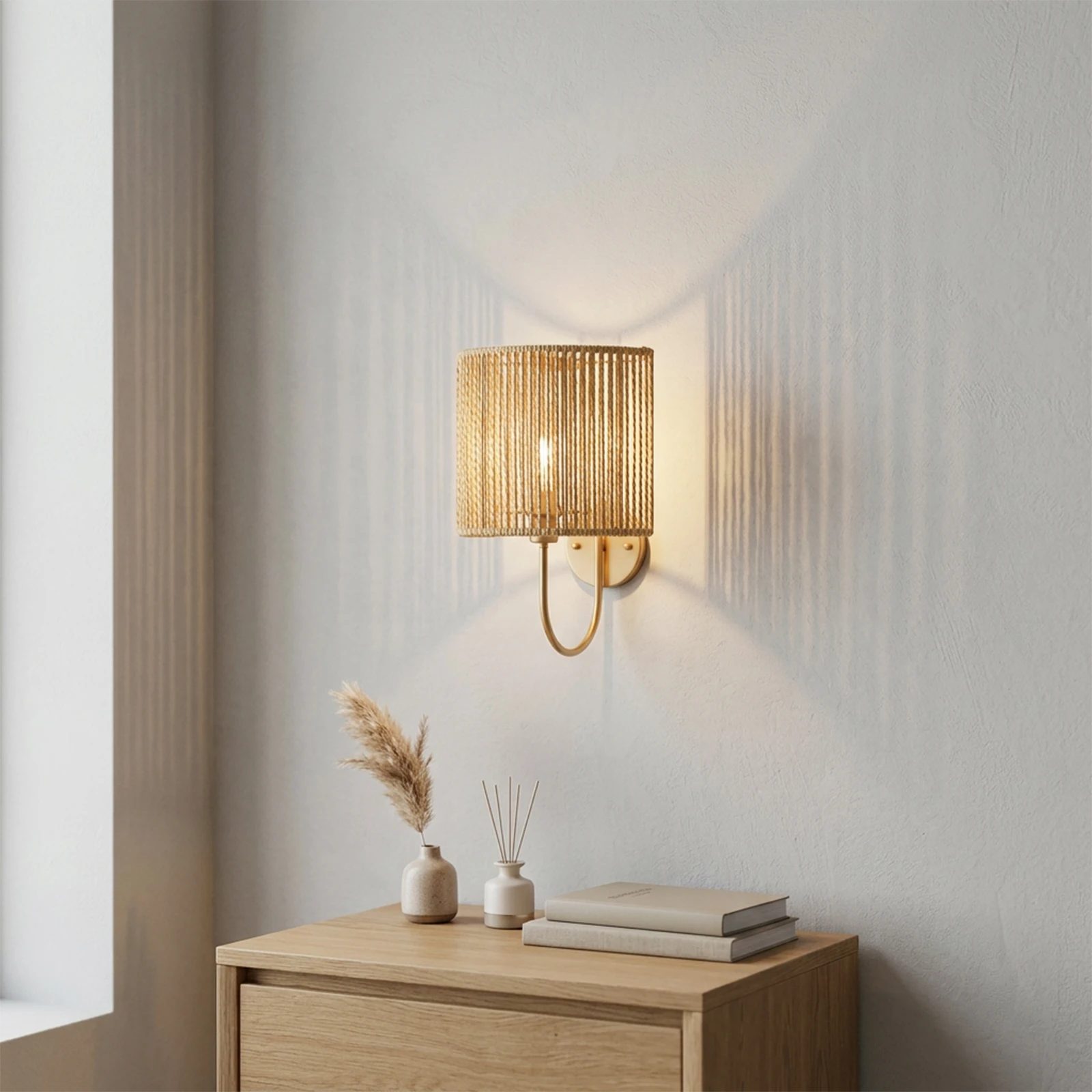 Half Cylinder Rattan Woven Lampshade Boho Wall Lamp Cover Farmhouse Wabi Sabi Bedroom Corridor Decor Only Lampshade No Bulb Cord