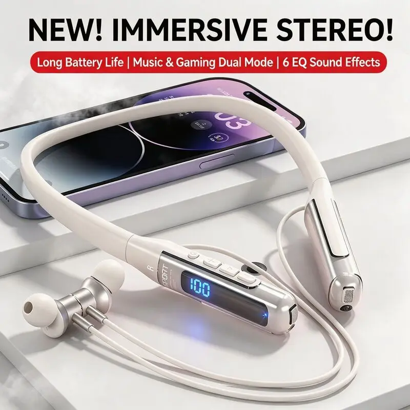 Nackenmontierter In-Ear-Monitor, kabellose Bluetooth 5.4 HIFI-Kopfhörer, intelligente Geräuschunterdrückung, digitales Display, lange Akkulaufzeit