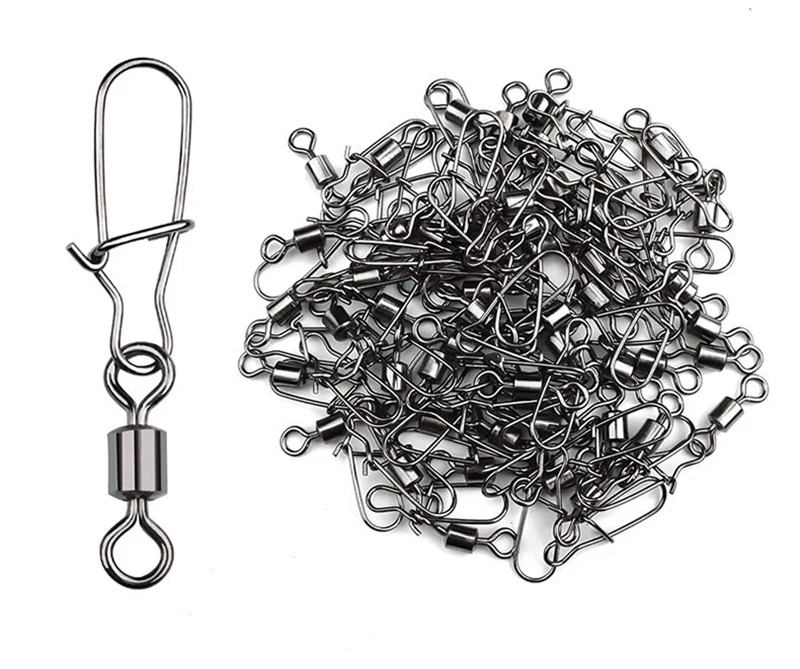 100 Stück Drehwirbel-Angelverbinder, Rollwirbel mit Karabiner, Edelstahl-Wirbel, Angelköder-Haken, Angelzubehör – Detail 4