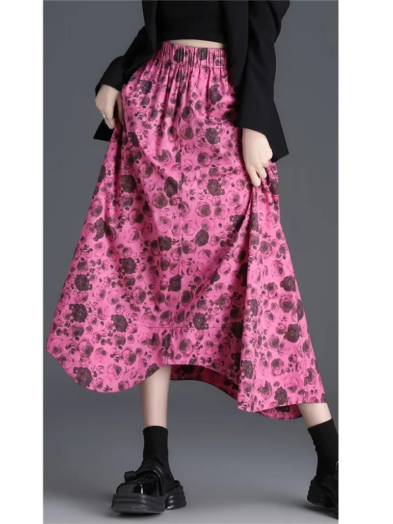 Summer Rose Flower Skirts Cotton Cozy Women Print Romantic Elegant A-Line Ladies Maxi Skirts Wavy Edge holiday outfits Skirts