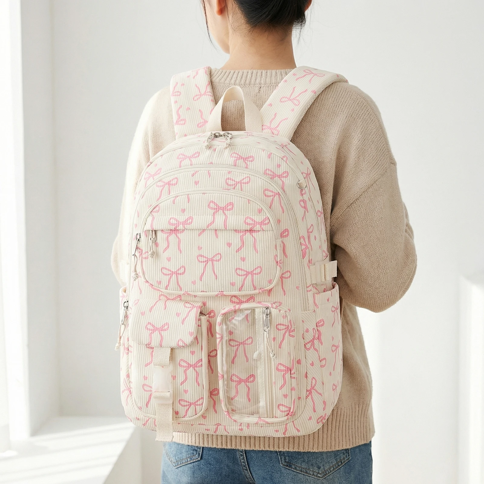 Women Bow Corduroy Backpack Multi-Layer Bookbag with Lunch Bag and  Schoolbags for Elementary Middle  Students