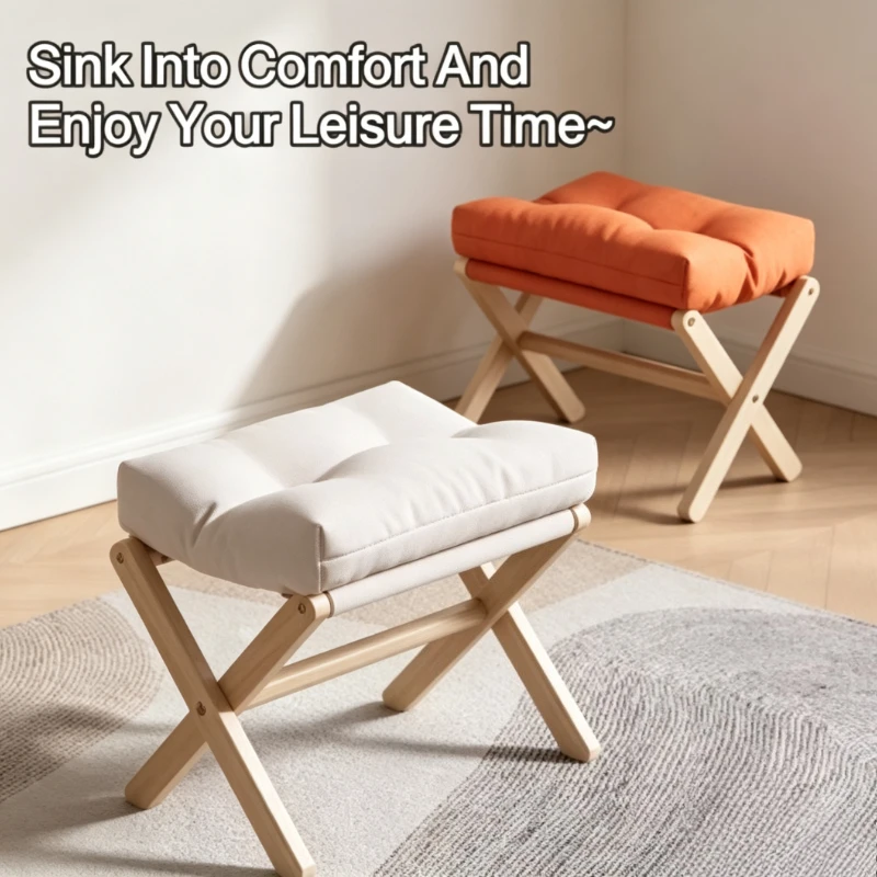 Wooden Foldable Footstool with Plush Cotton Pad, Ideal for Living Room and Entryway Seating