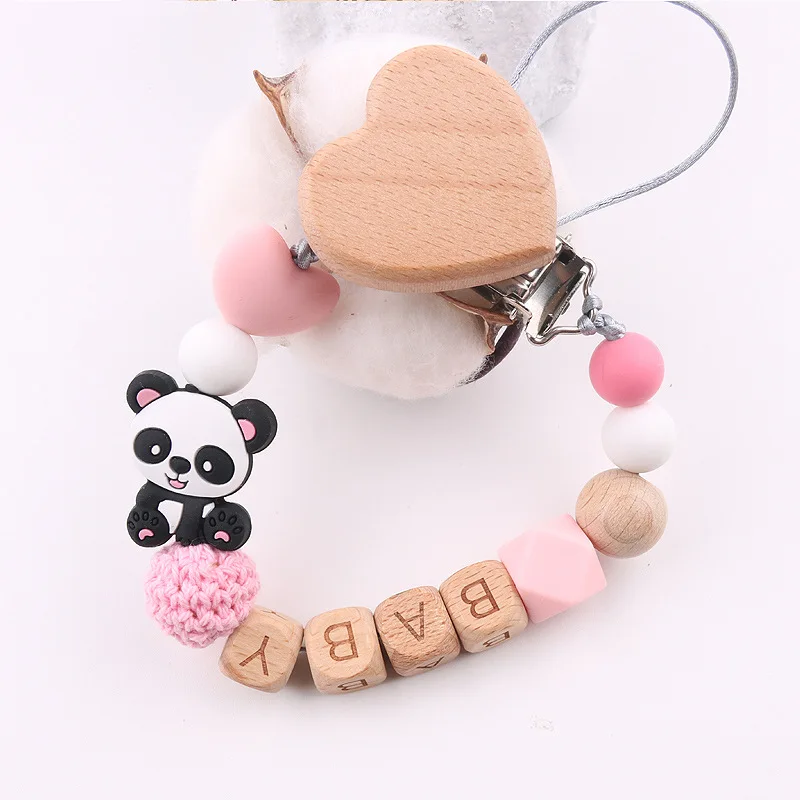 Custom Name Personalized Baby Beech Wooden Pacifier Clips Silicone Beads Dummy Chains Holder Soother Newborn Teething Toy Gift