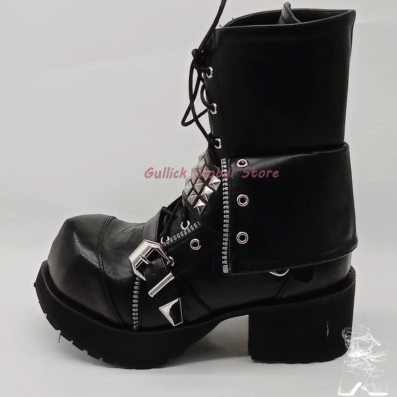 2024 New Arrival Square Toe Metal Decoration Rivet Platform ANkle Boots Casual Punk Cool Lace Up Plus Sizes Shoes Soft Cosy Boot