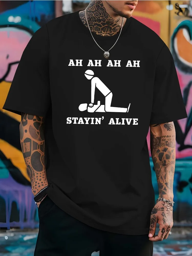 Mens Funny Cpr Cotton Tee Ah Ah Ah Ah Stayin Alive Print Short Sleeve Loose Street Tshirt Paramedic Nurse Medic Summer Daily Top