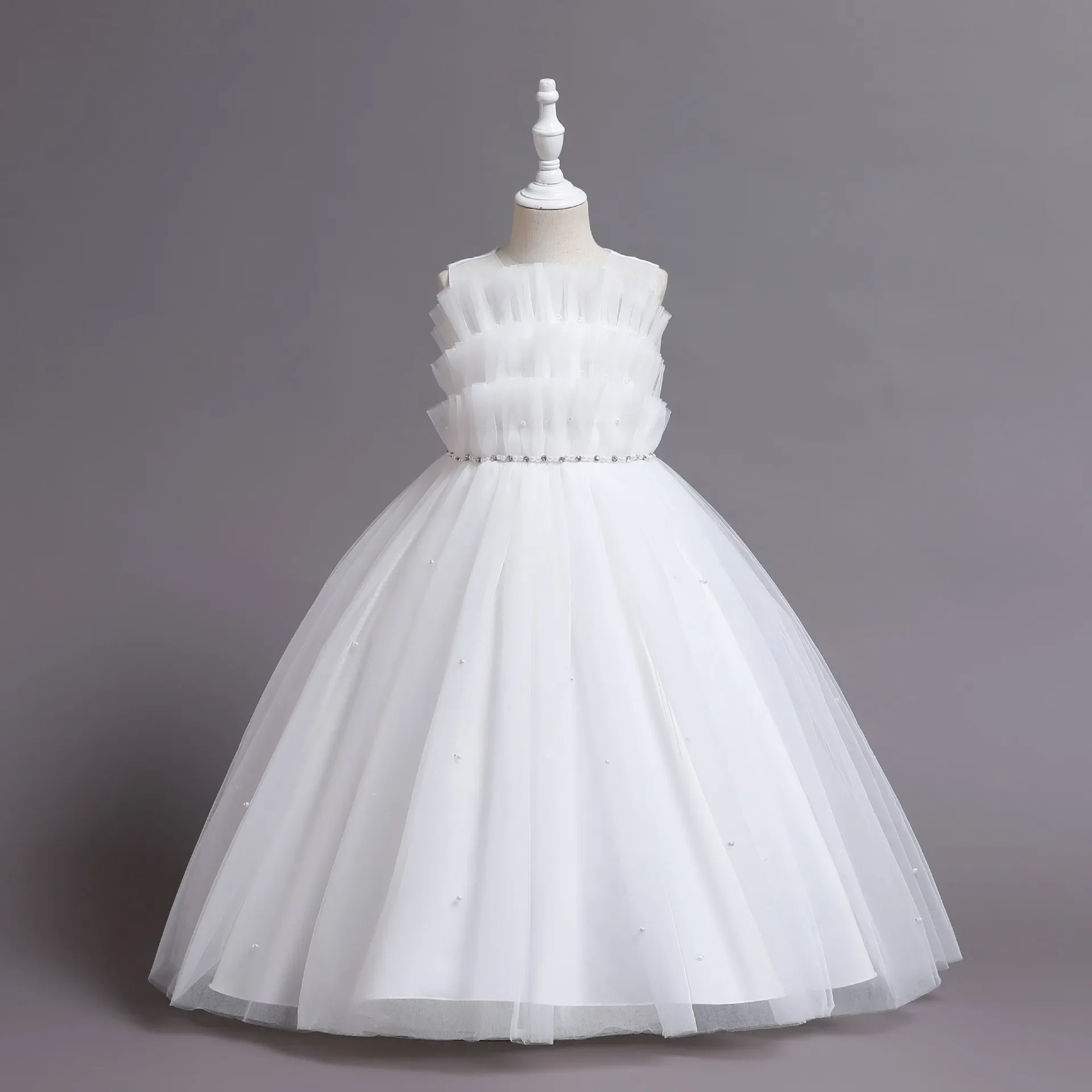 Vestido de Princesa Longo Feminino com Cinto de Pérolas, Roupa Infantil, Vestido de Baile, Elegante, Festa, Casamento, Natal, 3-12Y