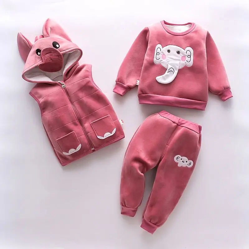 Autumn Winter Baby Girls Clothing Set Velvet Thick Warm Casual Hooded Sweater Cartoon Elephant 3Pcs Toddler Boys Clothes Suit