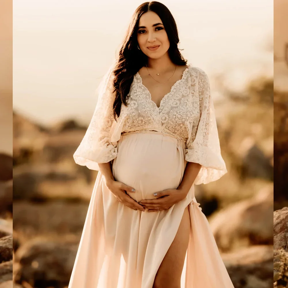 

Bohemian Style Maternity Dress Set - Beige Lace Short Sleeve V-Neck Top for Baby Shower Photography