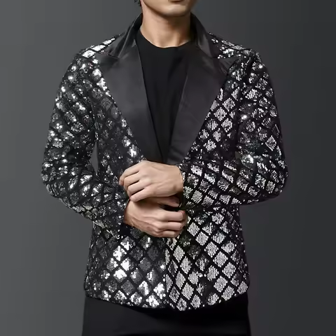 Men's Fashion Shiny Sequins Plaid Suit Jacket Gold Silver Singer Host Stage Performance Party Slim Tuxedo Blazer Coat Costume