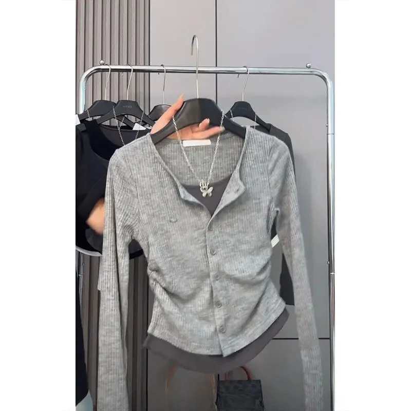 Primavera Otoño Invierno ropa interior estilo Casual fibra de poliéster longitud corta Slim Fit cuello pico manga larga Base camisa camiseta de mujer