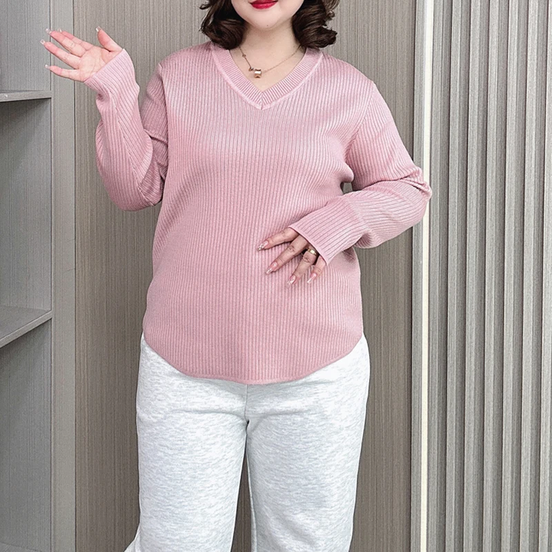 Plus Size Women Sweater Autumn Winter New V-neck Long Sleeve Knitted Pullovers Female Loose Solid Jumpers 691