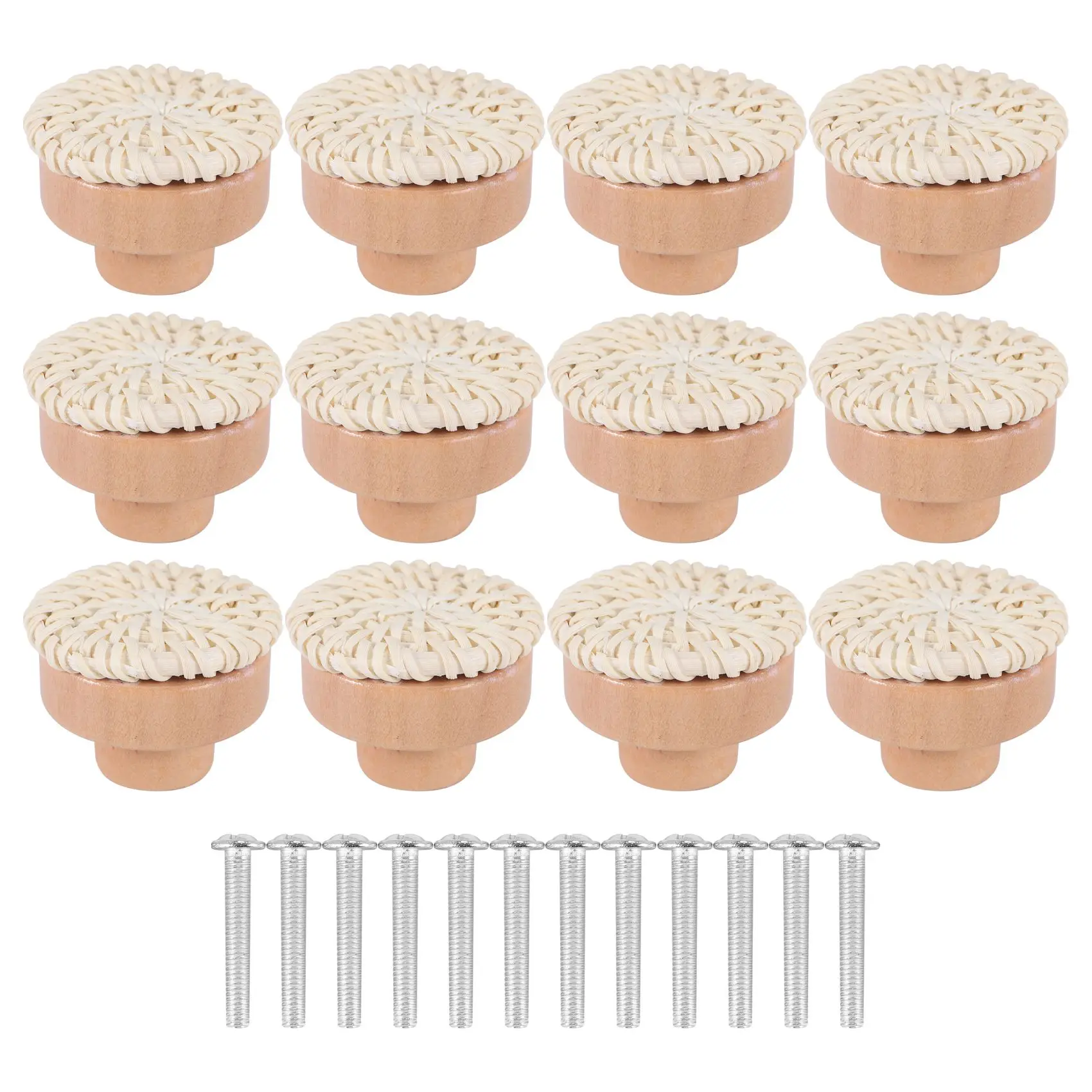 LLCS-Boho Rattan Dresser Knobs Round Wooden Drawer Knobs Handmade Wicker Woven And Screws For Boho Furniture Knobs Beige