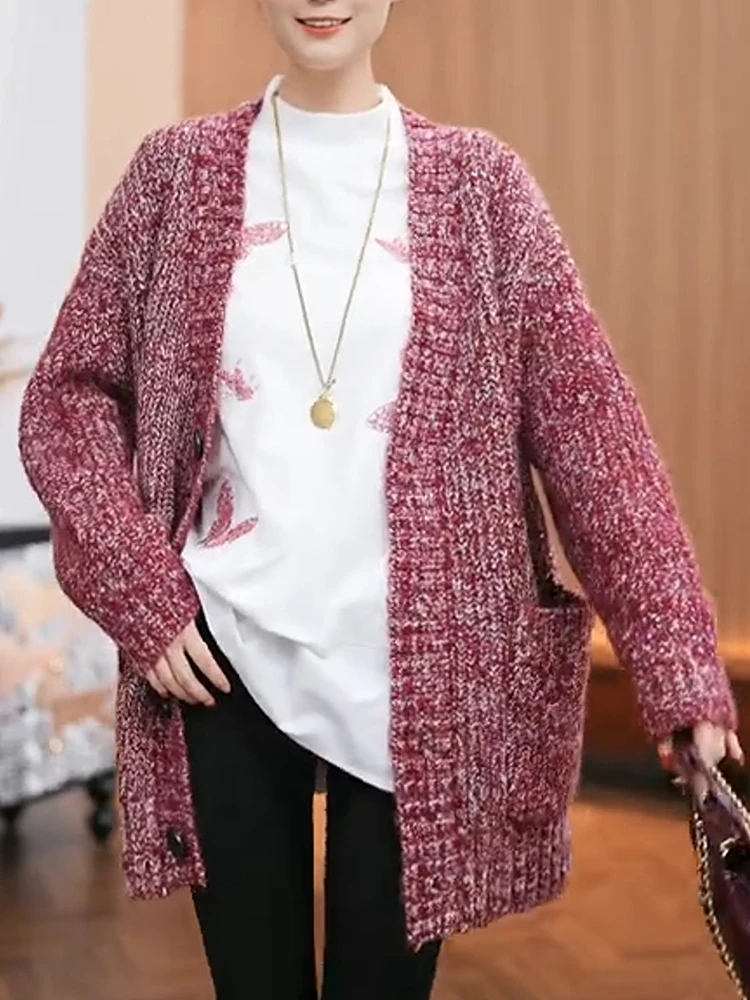 

Plus Size Ele Color Loose V-Ne Sweater Jaet Women's Autumn New Sle Casual Slimming Top Korean Sle Long Sve