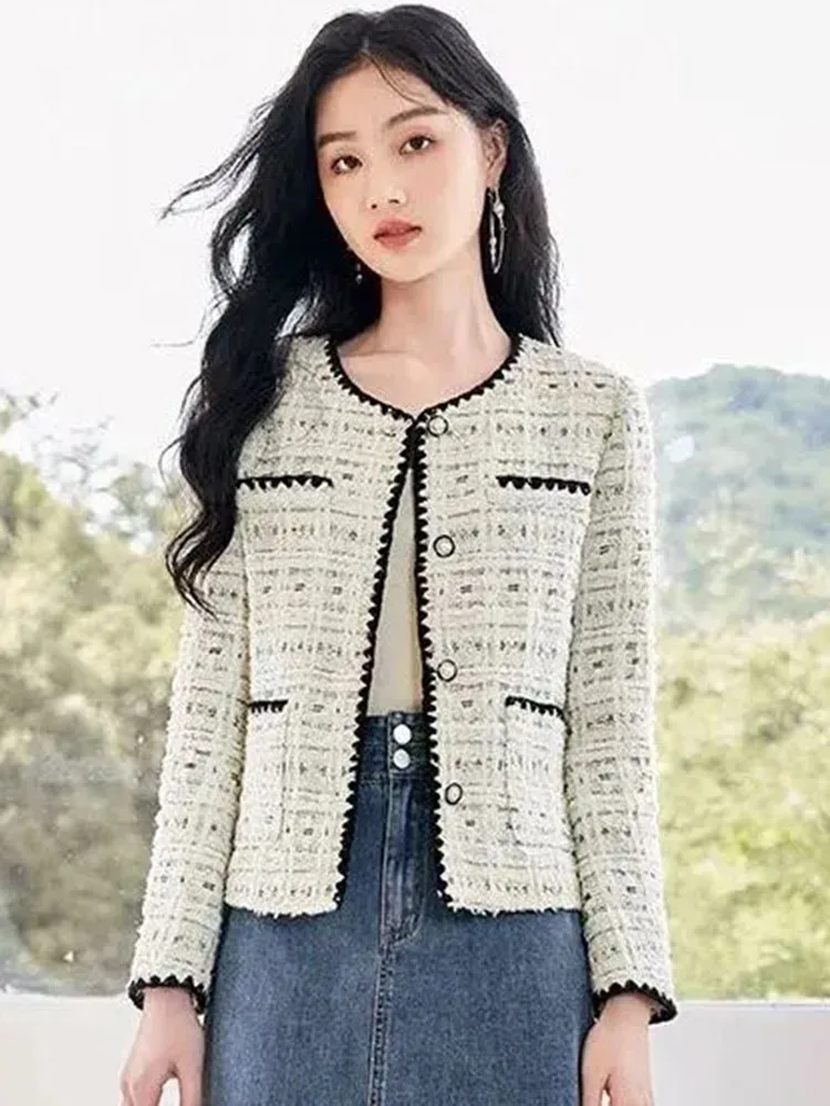 Korean Elegant O-neck Tweed Jackets Tops Women Casual Woolen Long Sleeve Coats Spring Fall Wool Blend Single Breasted Abrigos