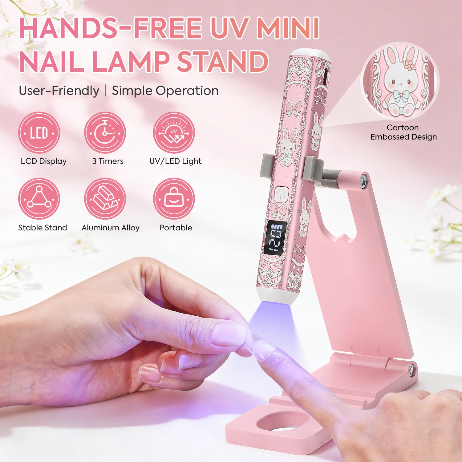 5-in-1 Cute Rabbit UV Nail Lamp Stand, Rechargeable LED Light with 3 Timer Modes, Foldable Stand for Cat Eye & Rhinestone Nails