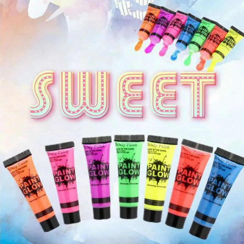 

8 Colors 10ml/pc Face Body Art Paint UV Glow face color in night bar Halloween Party Beauty Makeup body paint kit wholesale