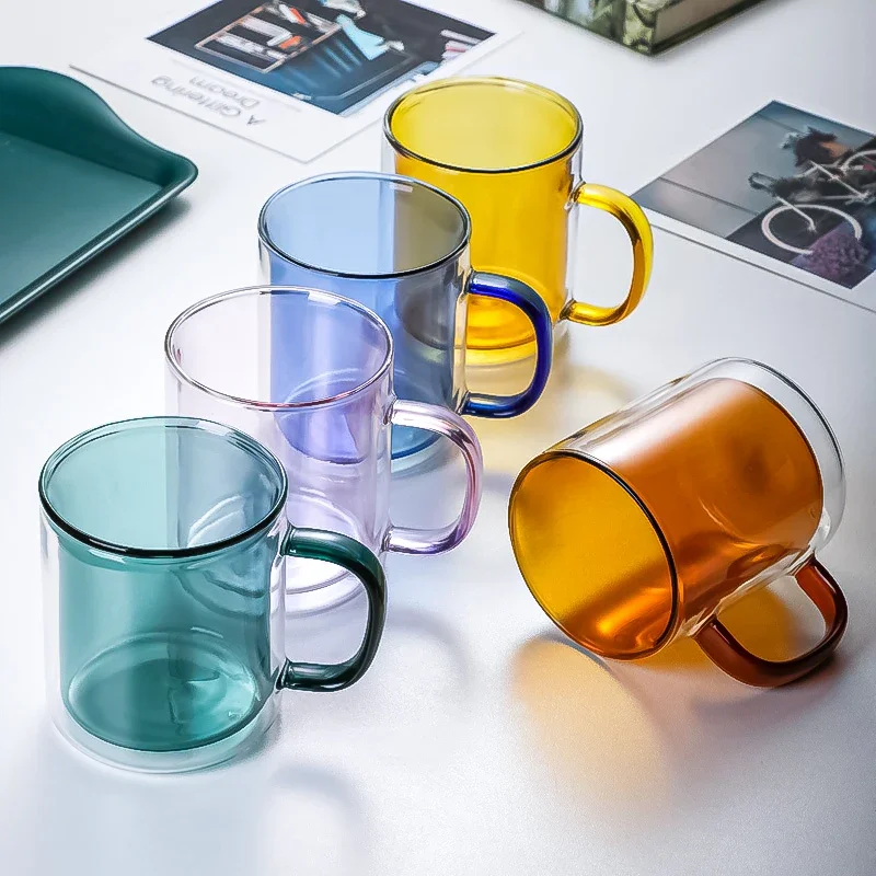 

Drinkware Transparent Glass Mug Double Colored Glass with Handle Coffee Cup Glass Water Bottle High Appearance Level Mug