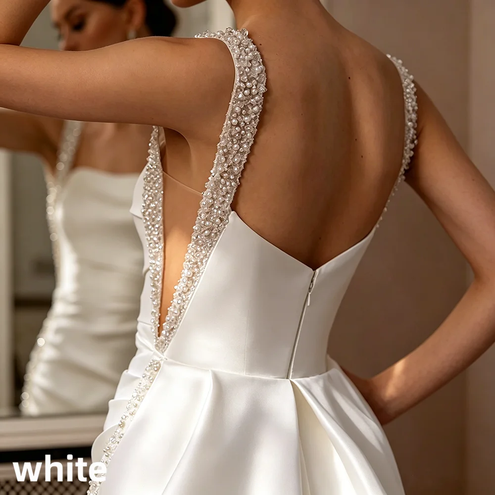 Satin Mermaid Wedding Dress Beaded Strap Square Neck V Back Detachable Overskirt Bridal Gown For Wedding Elopement Shoot 2026