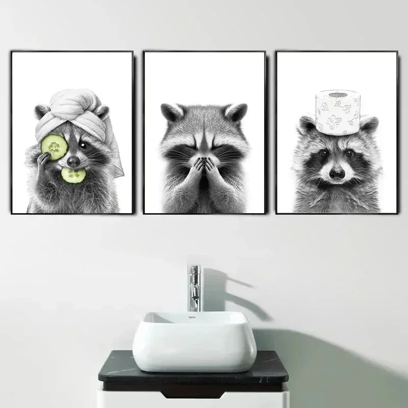 Cute Raccoon Bathroom Prints Posters Abstract Black and White Animal Decor Canvas Painting Bathroom Wall Art Picture Room Decor