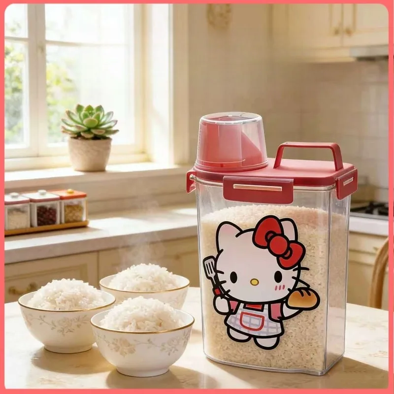 Kawaii Sanrio HelloKitty Cute Cartoon Airtight Grain Canister Moisture Bug Proof Plastic Rice Box Home Kitchen Anime Toys view 2