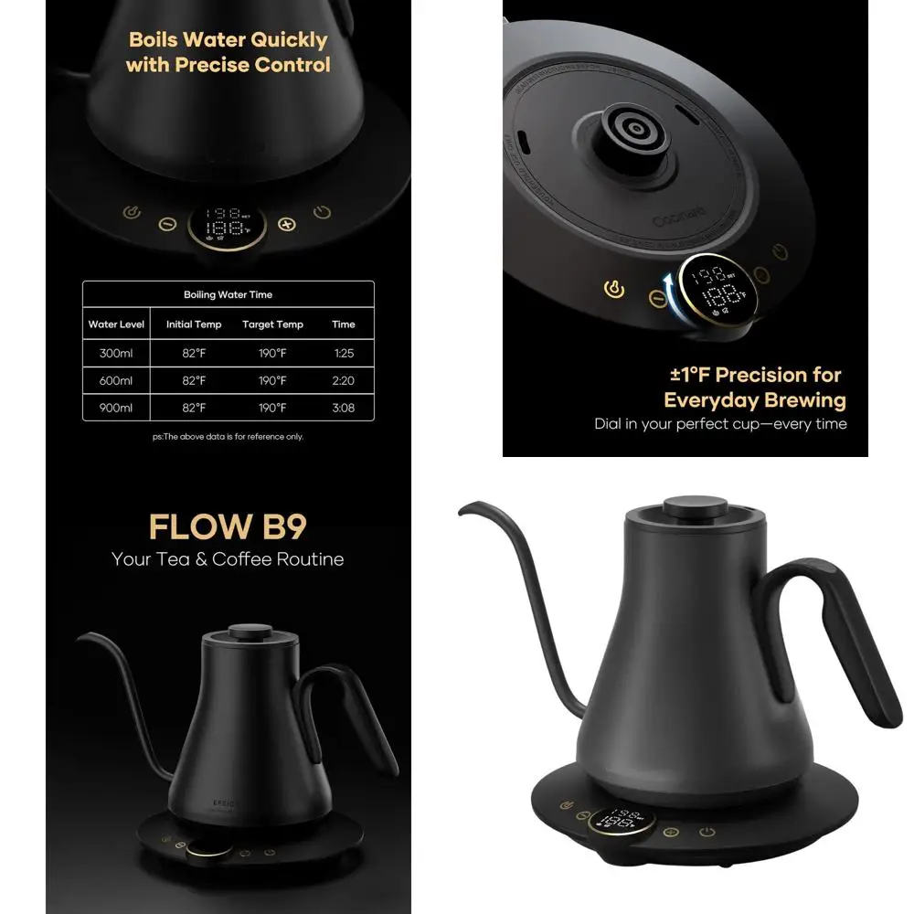 

Gooseneck Electric Kettle with Precise Temp Control for Coffee & Tea, Stainless Interior, 1500W, 0.9L (Matte Black)